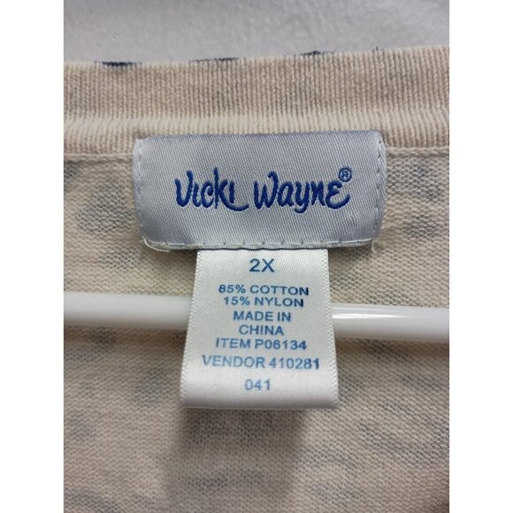 Vicki Wayne Womens Sweater 2X Off White Blue Animal Print Beaded V-Neck Pullover - Picture 4 of 8